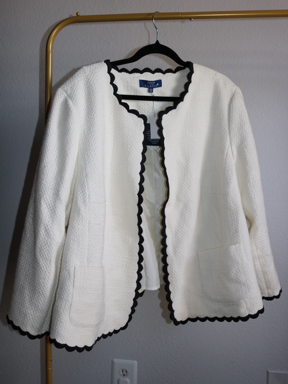 RSVP by Talbots White Open-Front Black Scalloped Trim Cardigan Coat Blazer 22W